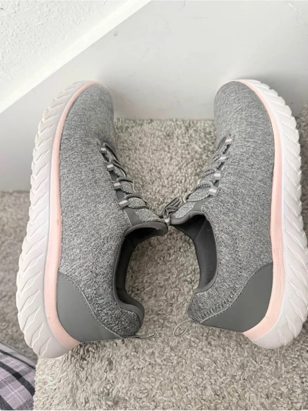 Women's Grey Knit Slip-On Sneakers with Pink Accents